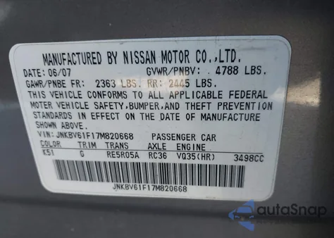 2007 Infiniti G35X from USA, damaged, VIN JNKBV61F17M820668